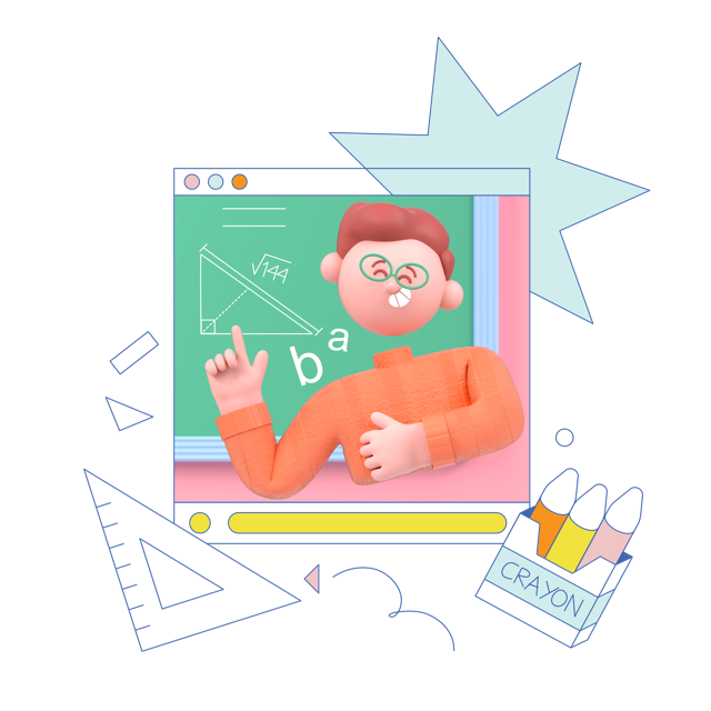 Child interacting with an online dyslexia test on a digital screen, surrounded by playful geometric shapes and crayons, emphasizing home-based learning.